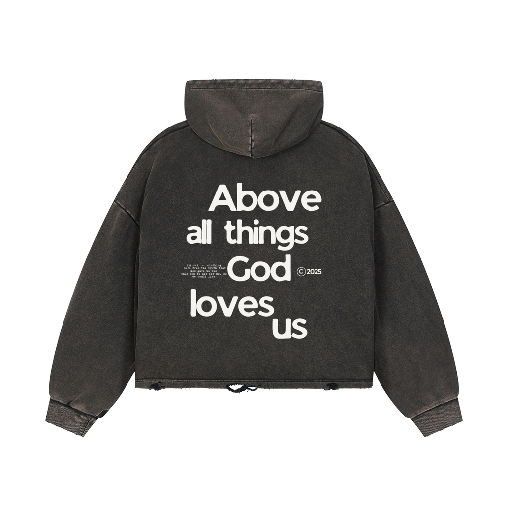 "ABOVE ALL" VINTAGE WASHED BLACK HOODIE