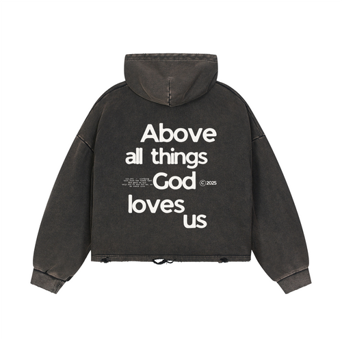 "ABOVE ALL" VINTAGE WASHED BLACK HOODIE