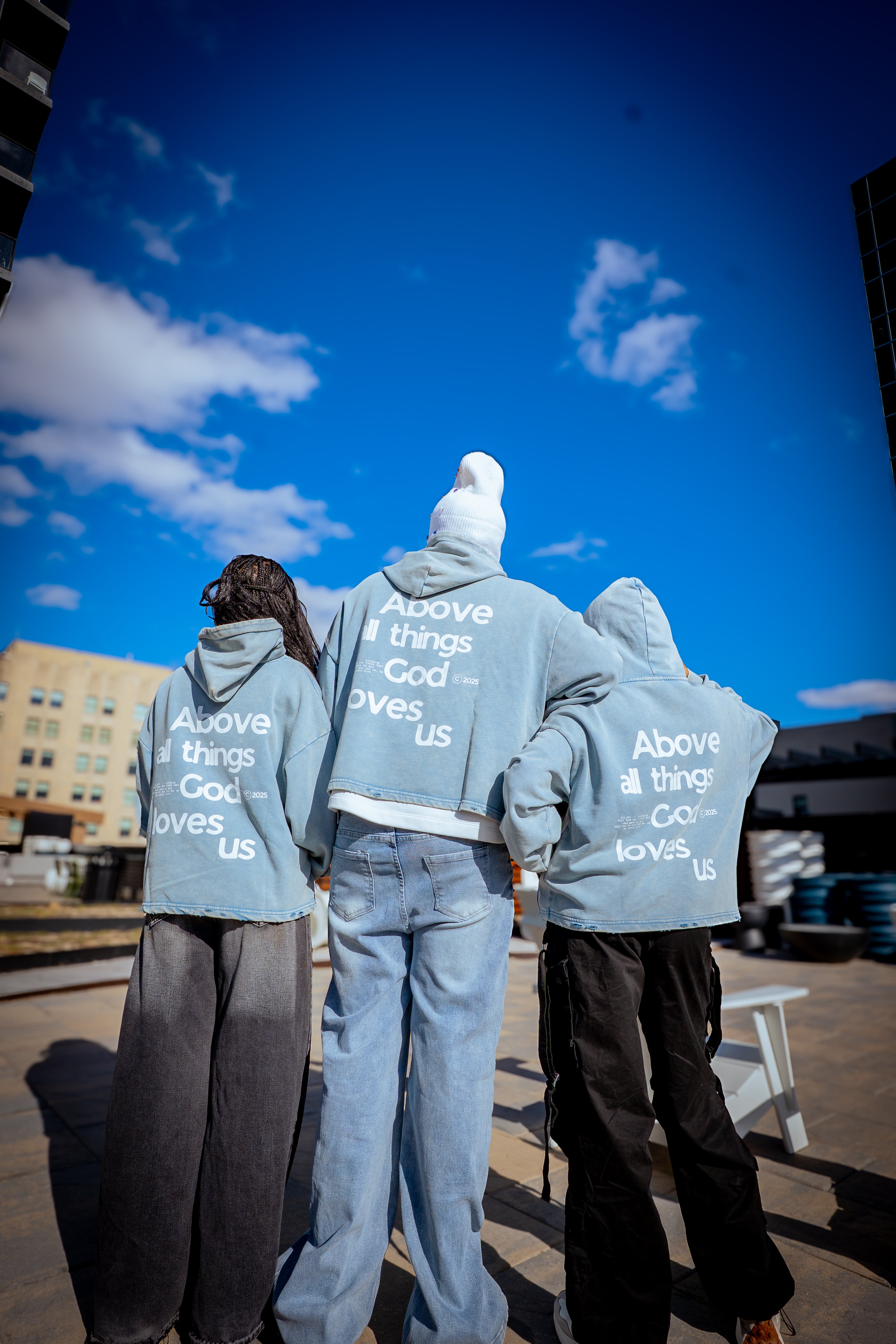 "ABOVE ALL" VINTAGE WASHED BLUE HOODIE
